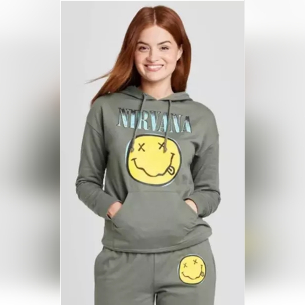 Nirvana Solid Green Smiley Face Graphic Y2K Hoodie Sweatshirt Large